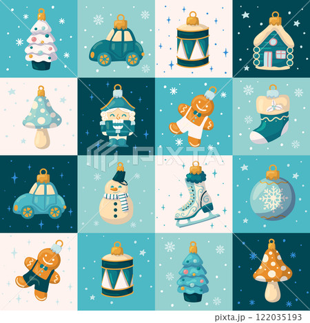 Festive seamless pattern. Christmas ornaments in squares. For wrapping paper, fabric, background. 122035193