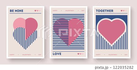 Minimal Valentines Day card designs featuring hearts, stripes, and simple typography in pink, blue, and beige 122035282