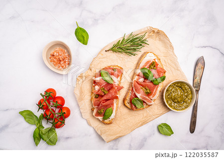 Grilled toast with jamon or prosciutto Grilled toast with jamon or prosciutto 122035587