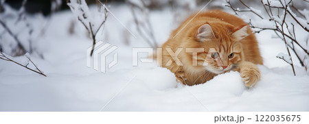 Ginger cat playing and hunting in the snow Ginger cat playing and hunting in the snow 122035675
