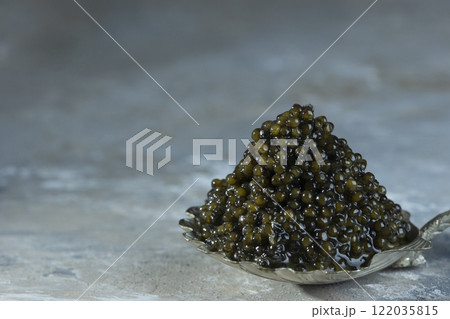 Black caviar. Delicacy on neutral background. Copy space. Black caviar. Delicacy on neutral background. Copy space. 122035815