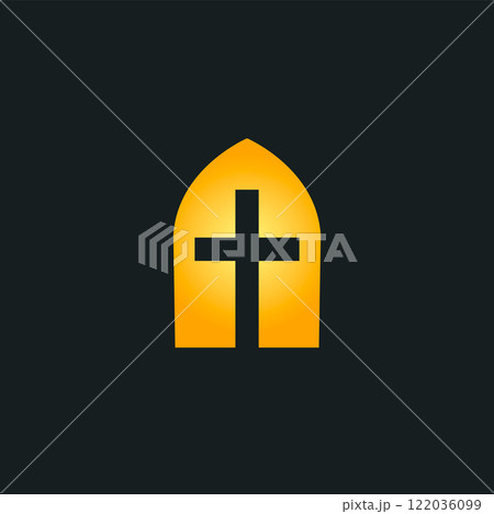 Glowing cross inside a golden arched window, symbolizing faith, spirituality, and devotion. Ideal for religious logos, church branding, or faith-based organizations. Minimalist vector illustration. Glowing cross inside a golden arched window, symbolizing faith, spirituality, and devotion. Ideal for religious logos, church branding, or faith-based organizations. Minimalist vector illustration. 122036099