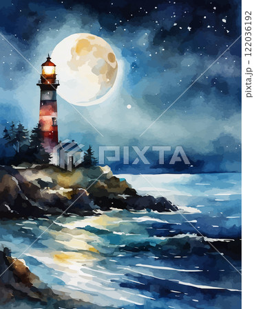 Watercolor lighthouse towers over sea, full moon, sunset sky. Coastal charm, nautical design, home decor and travel Watercolor lighthouse towers over sea, full moon, sunset sky. Coastal charm, nautical design, home decor and travel 122036192