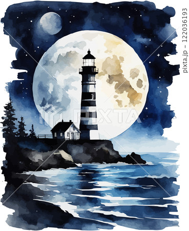 Watercolor lighthouse towers over sea, full moon, sunset sky. Coastal charm, nautical design, home decor and travel 122036193