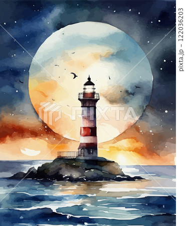 Watercolor lighthouse towers over sea, full moon, sunset sky. Coastal charm, nautical design, home decor and travel 122036203