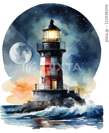Watercolor lighthouse towers over sea, full moon, sunset sky. Coastal charm, nautical design, home decor and travel Watercolor lighthouse towers over sea, full moon, sunset sky. Coastal charm, nautical design, home decor and travel 122036204