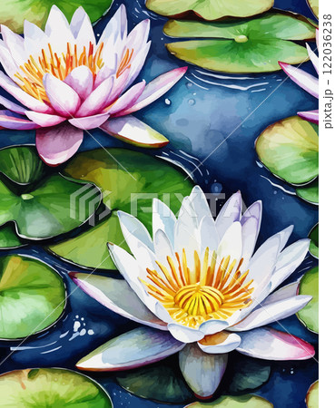 Water lilies or lotuses watercolor, Painting Art of flowers on water 122036238