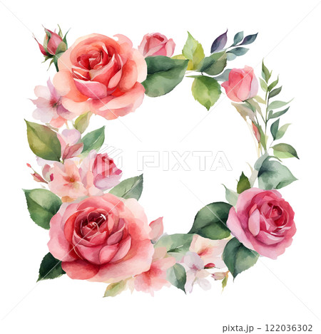 Watercolor roses round frame flowers with gold, symbol of love, wedding, purity, vector illustration 122036302
