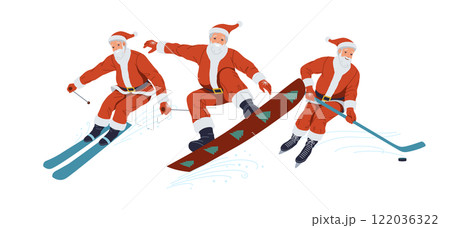 Santa Clauses practicing winter sports flat vector icons Santa Clauses practicing winter sports flat vector icons 122036322