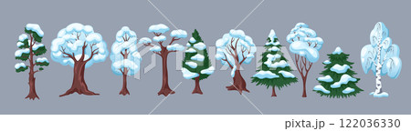 Snowy trees from winter forest flat color vector objects set 122036330