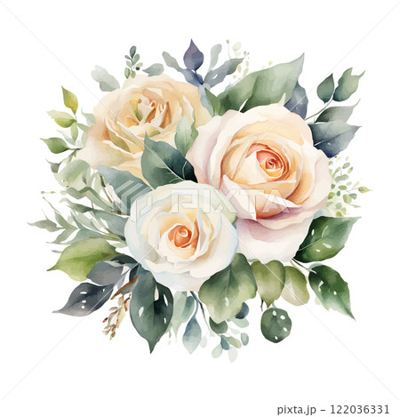 Watercolor bouquet white roses flowers, symbol of love, wedding, purity, vector illustration 122036331