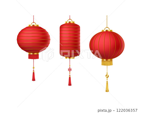 Red Chinese lanterns at holiday event realistic color icons 122036357