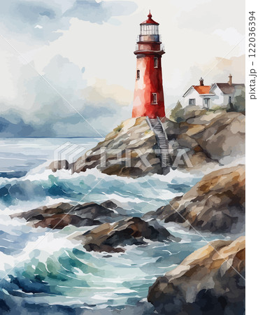 Watercolor lighthouse towers over sea, full moon, sunset sky. Coastal charm, nautical design, home decor and travel 122036394