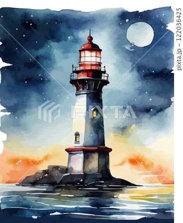 Watercolor lighthouse towers over sea, full moon, sunset sky. Coastal charm, nautical design, home decor and travel 122036425