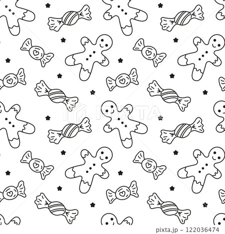 Sweets different wrapped candies and Gingerbread man doodle Seamless pattern. Vector patterns endless. Black line sample pattern for wallpaper, fabric, packaging, background. 122036474