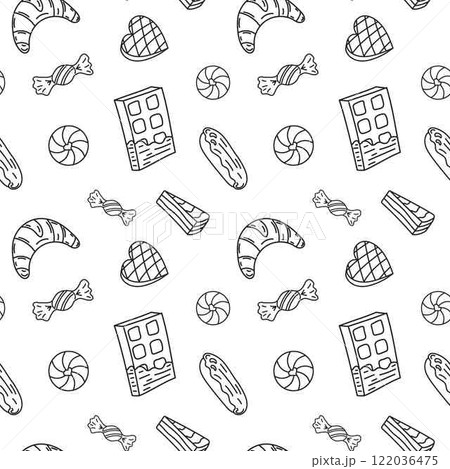 Sweets doodle Seamless pattern with chocolate, candies, eclairs, croissant, chocolate bar, heart, cake. Vector patterns endless. Black line sample pattern for wallpaper, fabric, packaging, background. 122036475