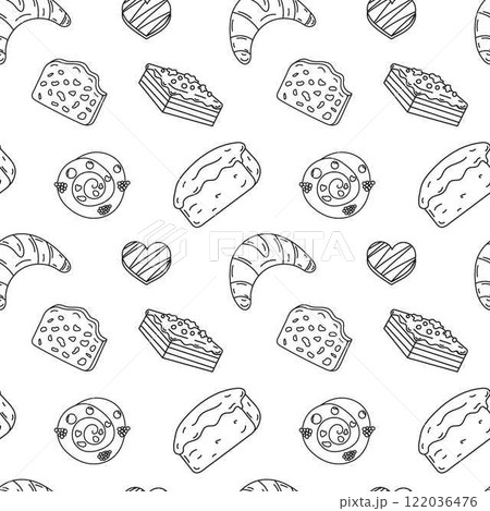 Sweets doodle Seamless pattern with bun, cake, croissant, chocolate heart, bread. Vector patterns endless. Black line sample pattern for wallpaper, fabric, packaging, background. 122036476