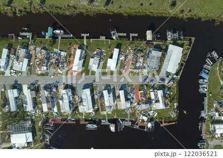 View from abover of damaged mobile homes after hurricane Ian in Florida residential area. Consequences of natural disaster View from abover of damaged mobile homes after hurricane Ian in Florida residential area. Consequences of natural disaster 122036521