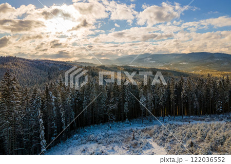 Winter landscape with spruse trees of snow covered forest in cold mountains. Winter landscape with spruse trees of snow covered forest in cold mountains. 122036552