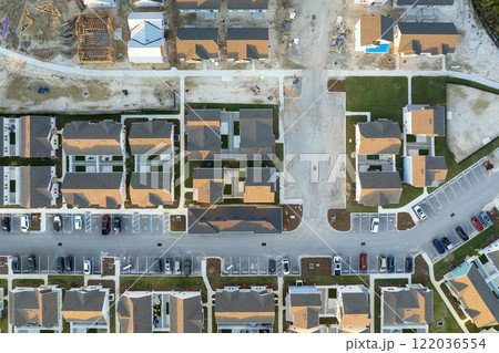 Wooden frames of new cheap American homes under construction. Development of residential housing in the USA 122036554