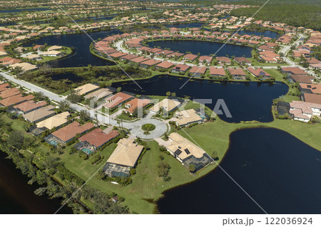 Flooded houses by hurricane Ian rainfall in Florida residential area. Consequences of natural disaster Flooded houses by hurricane Ian rainfall in Florida residential area. Consequences of natural disaster 122036924