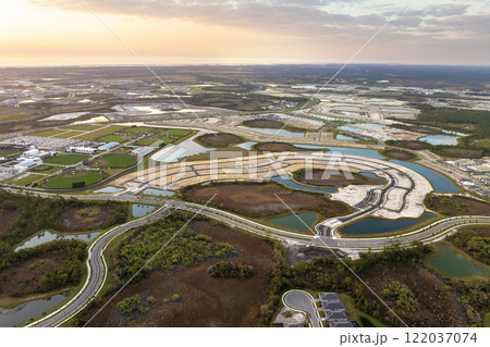 Development of residential housing in American suburbs. Beginning of construction works on prepared ground Development of residential housing in American suburbs. Beginning of construction works on prepared ground 122037074