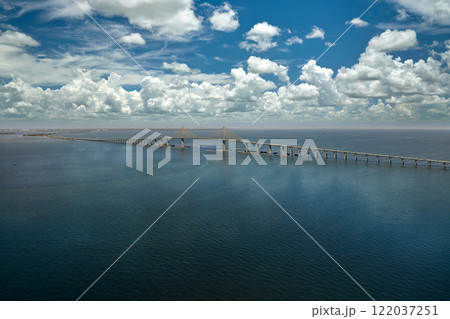 Aerial view of Sunshine Skyway Bridge over Tampa Bay in Florida with moving traffic. Concept of transportation infrastructure 122037251