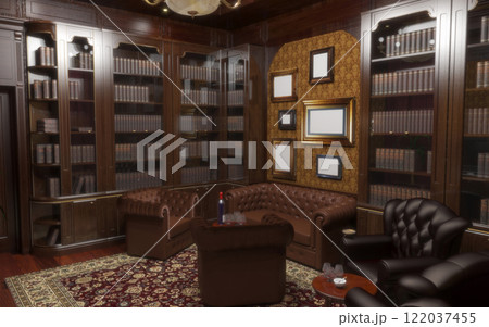 cigar room, smoking lounge, interior visualization, 3D illustration 122037455