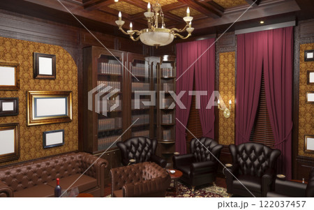 cigar room, smoking lounge, interior visualization, 3D illustration 122037457