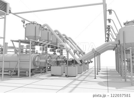 oil refinery, chemical production, waste processing plant, exterior visualization, 3D illustration, cg oil refinery, chemical production, waste processing plant, exterior visualization, 3D illustration, cg 122037581