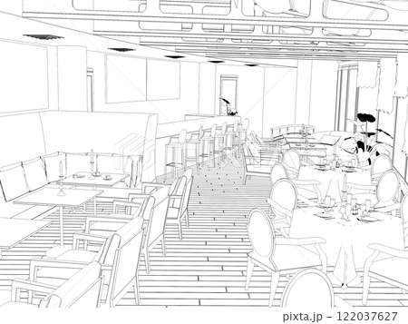 restaurant, 3D illustration, sketch, outline 122037627