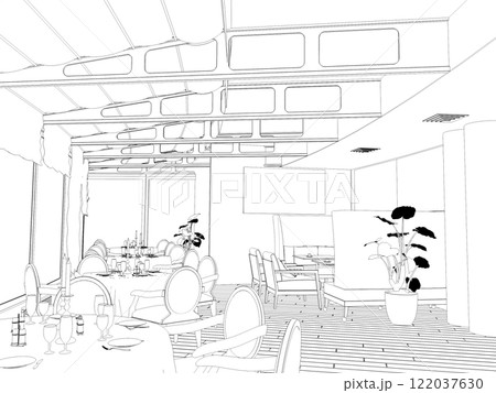 restaurant, 3D illustration, sketch, outline restaurant, 3D illustration, sketch, outline 122037630