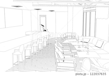 restaurant, 3D illustration, sketch, outline 122037635