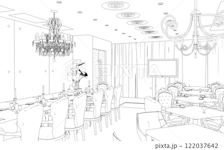 restaurant, 3D illustration, sketch, outline restaurant, 3D illustration, sketch, outline 122037642