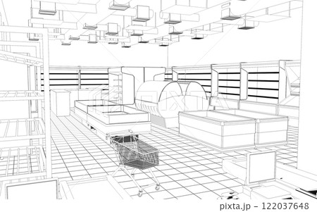 shop, grocery store, 3D illustration, sketch, outline 122037648