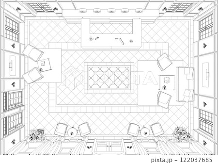 hall, hotel lobby, contour visualization, 3D illustration, sketch, outline 122037685