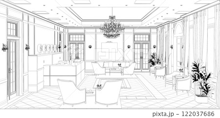 hall, hotel lobby, contour visualization, 3D illustration, sketch, outline 122037686