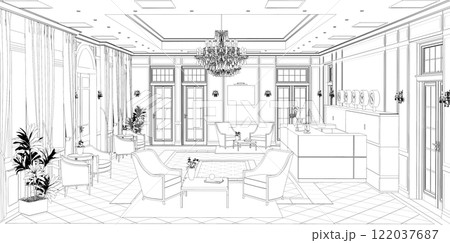 hall, hotel lobby, contour visualization, 3D illustration, sketch, outline hall, hotel lobby, contour visualization, 3D illustration, sketch, outline 122037687