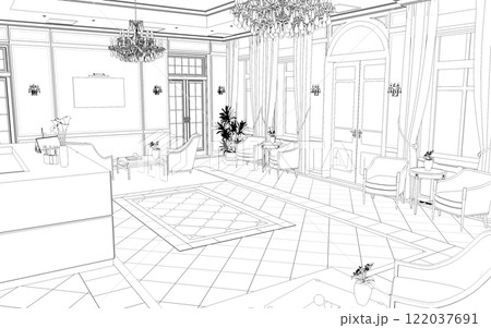 hall, hotel lobby, contour visualization, 3D illustration, sketch, outline hall, hotel lobby, contour visualization, 3D illustration, sketch, outline 122037691