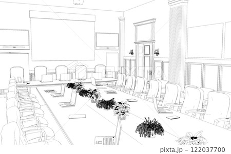 conference room, meeting room, contour visualization, 3D illustration, sketch, outline 122037700