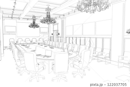 conference room, meeting room, contour visualization, 3D illustration, sketch, outline 122037705