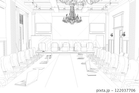 conference room, meeting room, contour visualization, 3D illustration, sketch, outline 122037706