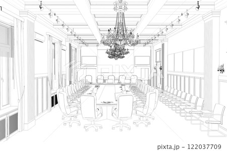 conference room, meeting room, contour visualization, 3D illustration, sketch, outline 122037709