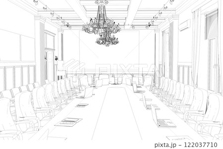 conference room, meeting room, contour visualization, 3D illustration, sketch, outline 122037710