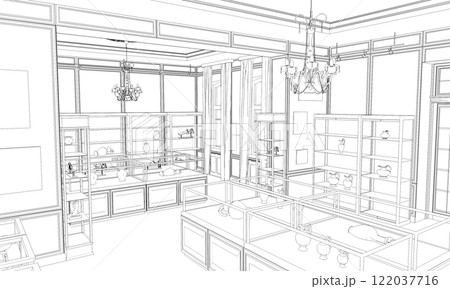 conference room, meeting room, contour visualization, 3D illustration, sketch, outline 122037716