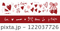 Modern, vector illustration. Hand-drawn red and pink hearts, love in multiple languages, bows, and cute elements. Decorative elements set for Valentine's Day cards, posters, romantic designs, patterns 122037726