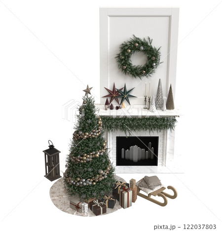 Christmas tree with decorations, isolated on white background, 3D illustration, cg render 122037803