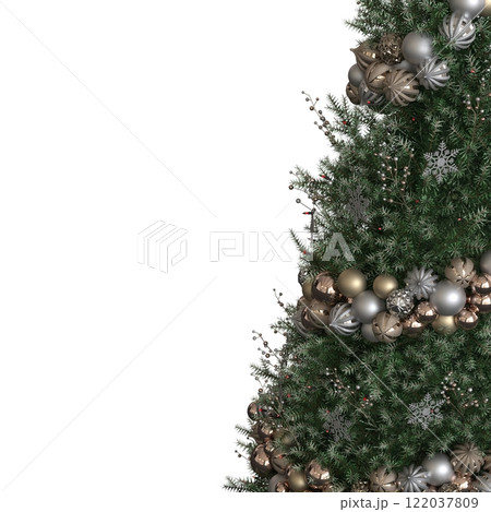 Christmas tree with decorations, isolated on white background, 3D illustration, cg render 122037809