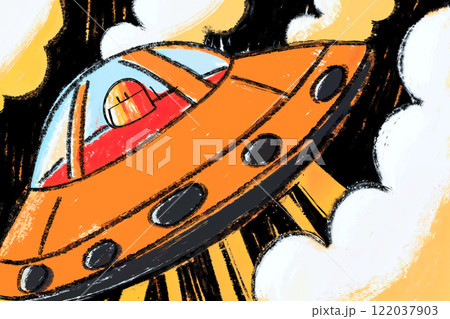 A Colorful UFO Floating in a Whimsical Sky Filled with Fluffy Clouds and Bright Colors 122037903