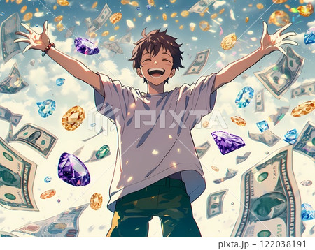 お金や宝石が降ってきて歓喜する若い男性 122038191